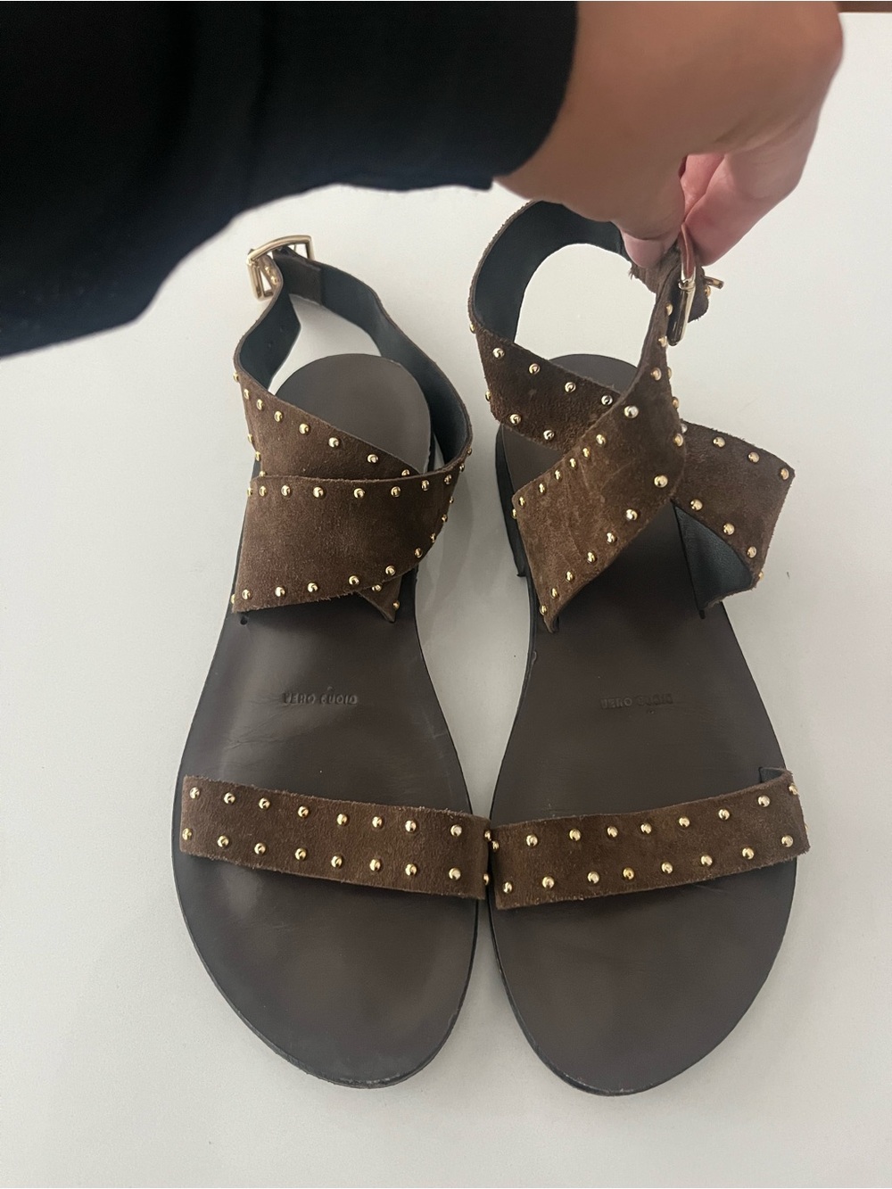 Women's Brown Studded Suede Ankle-Strap Sandals